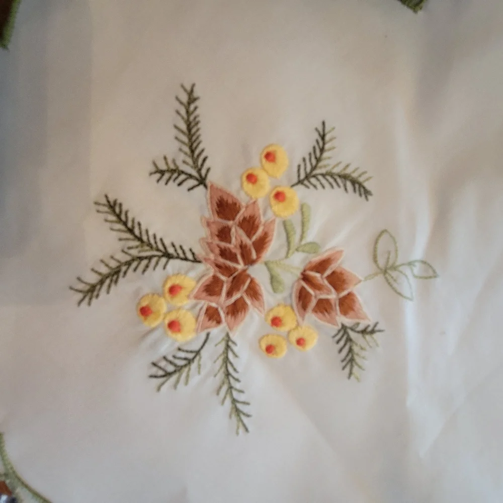Vintage Table Linen Dresser Scarf ~ Embroidered Foliage~ Pinecones Berries